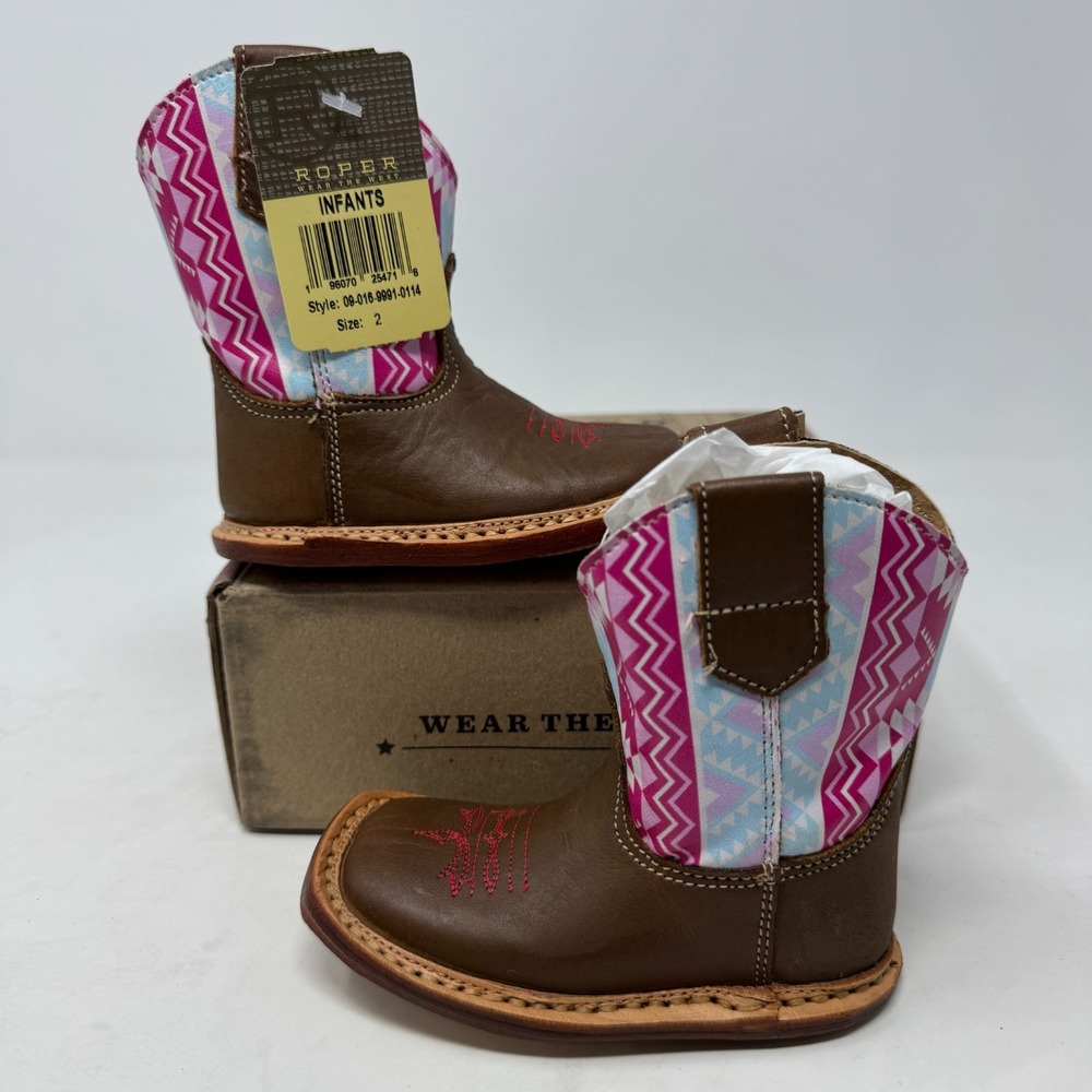 Roper Infant‎ Girls Cowbabies Aztec Leather Cowboy Boots Pink Size 2